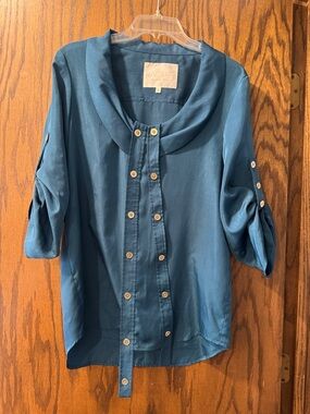 Rachel by Rachel Roy Teal Blue Double-Button Roll-Sleeve Blouse